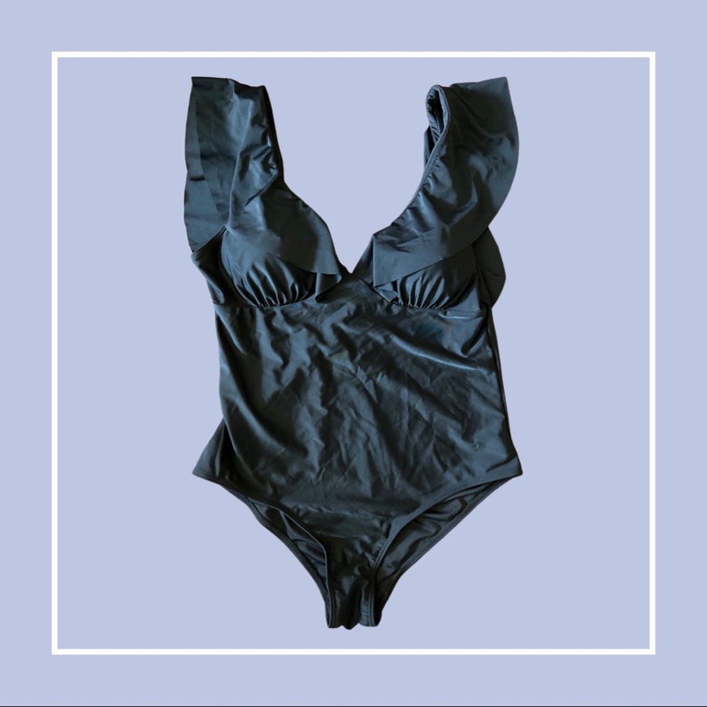 Black Ruffle Plunging V-neck Swimsuit—L